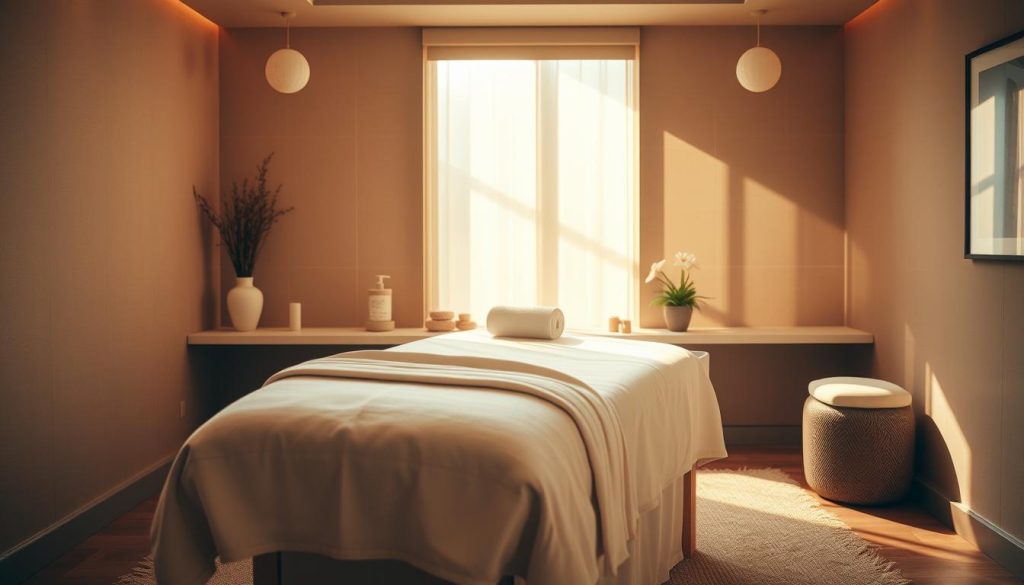 A serene, intimate spa setting with soft natural lighting, featuring a comfortable massage table draped in plush, high-quality linens. The room has warm, earthy tones and minimal, elegant decor, creating a tranquil, personalized atmosphere. The table is positioned in the center, inviting the viewer to imagine themselves receiving a customized, rejuvenating massage experience. The overall composition emphasizes the exclusivity and personalized nature of the service, with a focus on the massage table as the focal point.