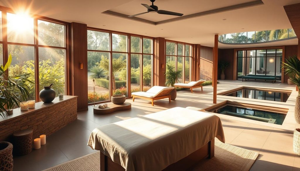 A serene, inviting spa wellness center nestled in the heart of a lush, verdant landscape. Sunlight filters through large windows, casting a warm, soft glow over the tranquil interior. Elegant decor features natural materials like stone, wood, and glass, creating a soothing, minimalist ambiance. In the foreground, a luxurious spa treatment room with a plush massage table and soothing aromatherapy candles. The middle ground showcases a calming relaxation lounge with comfortable chaise lounges and a tranquil water feature. The background depicts a harmonious blend of indoor and outdoor spaces, with manicured gardens and a serene reflection pool visible through the windows. An atmosphere of pure relaxation and rejuvenation. A serene, inviting spa wellness center nestled in the heart of a lush, verdant landscape. Sunlight filters through large windows, casting a warm, soft glow over the tranquil interior. Elegant decor features natural materials like stone, wood, and glass, creating a soothing, minimalist ambiance. In the foreground, a luxurious spa treatment room with a plush massage table and soothing aromatherapy candles. The middle ground showcases a calming relaxation lounge with comfortable chaise lounges and a tranquil water feature. The background depicts a harmonious blend of indoor and outdoor spaces, with manicured gardens and a serene reflection pool visible through the windows. An atmosphere of pure relaxation and rejuvenation.