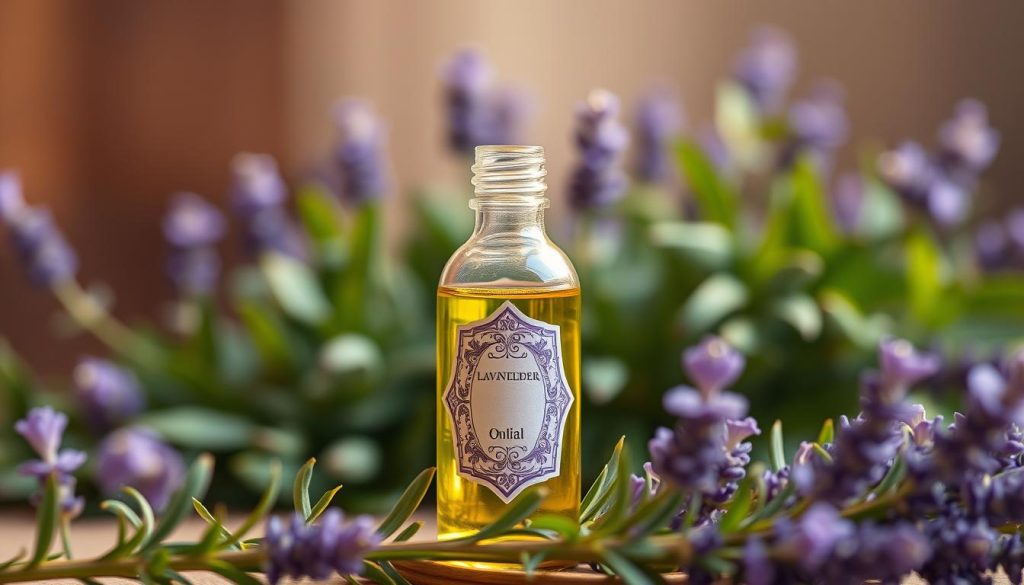 A serene, lavender-hued scene showcasing a glass bottle filled with lavender essential oil. The bottle is set against a soft, blurred background of lush, verdant foliage, creating a calming and natural atmosphere. Warm, diffused lighting gently illuminates the scene, casting a soothing glow on the bottle's intricate label and the surrounding greenery. The overall composition conveys a sense of tranquility and relaxation, perfectly capturing the essence of an aromatherapy massage with lavender oil. A serene, lavender-hued scene showcasing a glass bottle filled with lavender essential oil. The bottle is set against a soft, blurred background of lush, verdant foliage, creating a calming and natural atmosphere. Warm, diffused lighting gently illuminates the scene, casting a soothing glow on the bottle's intricate label and the surrounding greenery. The overall composition conveys a sense of tranquility and relaxation, perfectly capturing the essence of an aromatherapy massage with lavender oil.