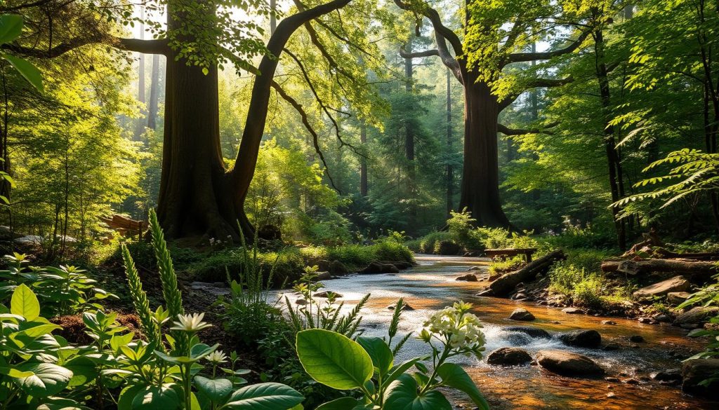 A serene, lush forest scene with dappled sunlight filtering through the canopy, creating a warm, rejuvenating atmosphere. In the foreground, a vibrant array of medicinal herbs and plants, their leaves and petals glistening with morning dew. The middle ground features a tranquil stream, its gentle current symbolizing the flow of life and wellness. In the background, towering ancient trees stand as guardians, their roots deeply connected to the earth. The overall composition conveys a sense of harmony, balance, and the restorative power of nature, perfectly capturing the essence of "Bağışıklık sistemi desteği". A serene, lush forest scene with dappled sunlight filtering through the canopy, creating a warm, rejuvenating atmosphere. In the foreground, a vibrant array of medicinal herbs and plants, their leaves and petals glistening with morning dew. The middle ground features a tranquil stream, its gentle current symbolizing the flow of life and wellness. In the background, towering ancient trees stand as guardians, their roots deeply connected to the earth. The overall composition conveys a sense of harmony, balance, and the restorative power of nature, perfectly capturing the essence of "Bağışıklık sistemi desteği".