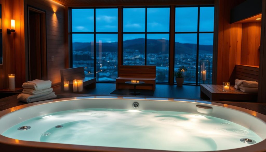 A serene, luxurious couples' retreat set within a cozy, candlelit spa. In the foreground, a large, inviting hot tub steams gently, its waters beckoning for a relaxing soak. Surrounding the tub, plush towels and robes await, alongside fragrant bath salts and oils. In the middle ground, a traditional Finnish sauna radiates a warm, golden glow, its wooden benches inviting a moment of tranquil reflection. The background reveals a softly lit, minimalist interior, with large windows overlooking a picturesque cityscape. Ambient lighting, gentle music, and the soothing aromas of essential oils create an atmosphere of pure indulgence and romance.