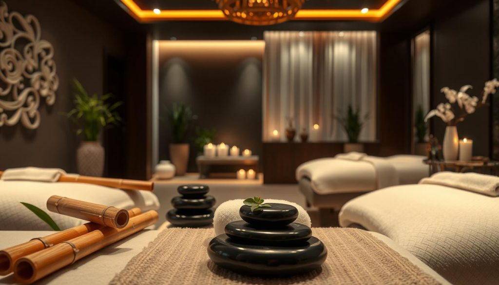 A serene, luxurious massage studio featuring an array of soothing treatments. The foreground showcases various massage tools and techniques, such as bamboo sticks, hot stones, and therapeutic oils. The middle ground depicts a tranquil, dimly lit space with plush textiles, soft lighting, and calming decor elements like potted plants and candles. The background suggests a sense of privacy and exclusivity, evoking the atmosphere of a high-end spa. The overall composition conveys a harmonious fusion of relaxation, indulgence, and well-being, capturing the essence of the "Sunulan Başlıca Masaj ve Terapi Türleri" section.