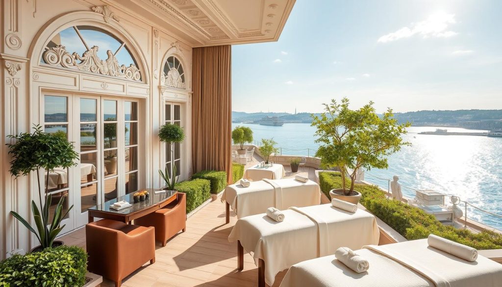 A serene, luxurious spa hotel nestled along the picturesque Bosporus Strait in Istanbul. The elegant facade features ornate architectural details and lush, manicured gardens. The interior exudes a calming, minimalist aesthetic with natural light streaming through large windows, illuminating the plush, modern furnishings and spa amenities. Guests enjoy a panoramic view of the shimmering waterfront from the rooftop terrace, where they can indulge in soothing massage treatments surrounded by a tranquil, resort-like ambiance.