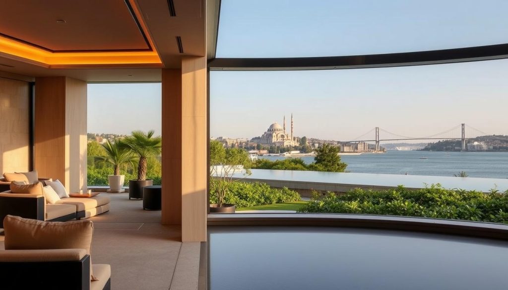 A serene, luxurious spa nestled along the Bosphorus, the Mandarin Oriental Bosphorus offers a zen-inspired sanctuary with stunning views of the historic Istanbul waterfront. The tranquil interior features plush, natural decor with warm lighting, creating a calming atmosphere. In the foreground, a sleek, modern lounge area with minimalist furniture invites visitors to unwind. The middle ground showcases the spa's elegant pool, surrounded by a lush, verdant landscape and the iconic Bosphorus Bridge in the distance. The background frames the majestic silhouette of the Hagia Sophia, blending the ancient and modern elements of this exceptional spa experience. A serene, luxurious spa nestled along the Bosphorus, the Mandarin Oriental Bosphorus offers a zen-inspired sanctuary with stunning views of the historic Istanbul waterfront. The tranquil interior features plush, natural decor with warm lighting, creating a calming atmosphere. In the foreground, a sleek, modern lounge area with minimalist furniture invites visitors to unwind. The middle ground showcases the spa's elegant pool, surrounded by a lush, verdant landscape and the iconic Bosphorus Bridge in the distance. The background frames the majestic silhouette of the Hagia Sophia, blending the ancient and modern elements of this exceptional spa experience.