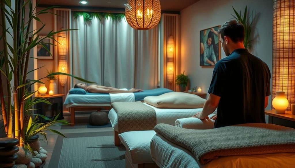 A serene male massage parlor scene, filled with the aroma of essential oils and the gentle sound of soothing music. A range of massage techniques are showcased, including deep tissue, Swedish, and hot stone, all conducted by experienced male massage therapists. The lighting is soft and warm, creating a calming atmosphere. The room is adorned with natural elements like bamboo, river stones, and lush greenery, evoking a sense of tranquility. The overall composition emphasizes the therapeutic and rejuvenating aspects of the various massage modalities available in Istanbul's premier male spa establishments.