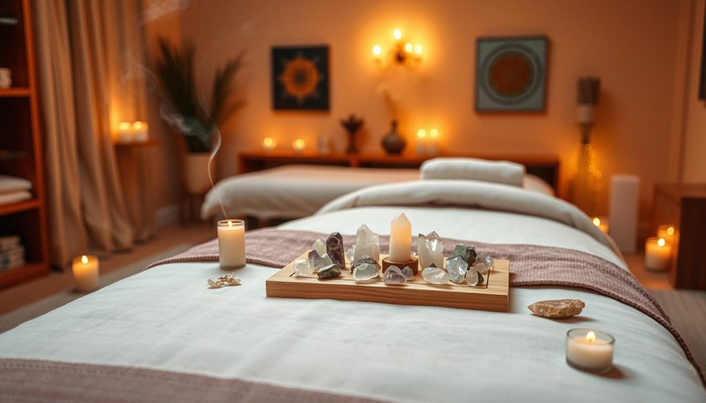 A serene massage room with warm lighting, calming colors, and soothing incense wafting through the air. Candles flicker, casting a gentle glow on a delicate crystal grid placed atop a wooden table. Scattered around are natural elements like quartz, amethyst, and selenite, harmoniously arranged to create a balanced, tranquil atmosphere. The room exudes a sense of peaceful energy, inviting the viewer to relax and experience the ancient practice of energy balancing.