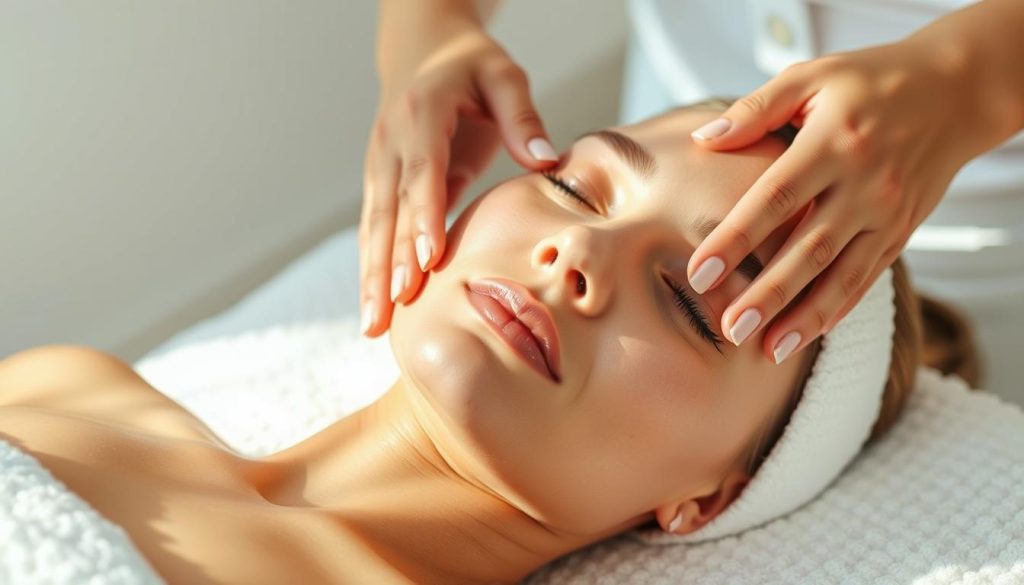 A serene massage session showcasing the art of skin nourishment. A skilled masseuse's hands glide over a model's glowing, hydrated complexion, coaxing out a luminous, dewy radiance. Soft, diffused lighting bathes the scene in a warm, natural glow, accentuating the lush, supple texture of the skin. The model's face is angled to capture the massage's soothing, rejuvenating effects, their expression one of tranquil relaxation. The backdrop is a calming, minimalist space, allowing the focus to remain on the massage techniques and their transformative impact on the skin's appearance. A serene massage session showcasing the art of skin nourishment. A skilled masseuse's hands glide over a model's glowing, hydrated complexion, coaxing out a luminous, dewy radiance. Soft, diffused lighting bathes the scene in a warm, natural glow, accentuating the lush, supple texture of the skin. The model's face is angled to capture the massage's soothing, rejuvenating effects, their expression one of tranquil relaxation. The backdrop is a calming, minimalist space, allowing the focus to remain on the massage techniques and their transformative impact on the skin's appearance.