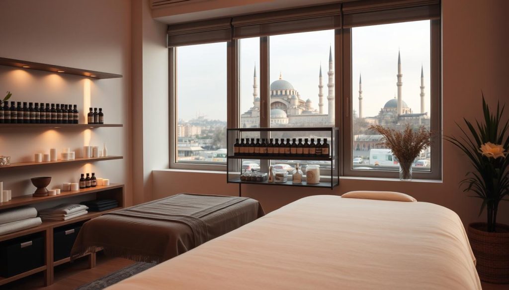 A serene massage studio in Istanbul, with soft lighting and calming atmosphere. The foreground features a traditional massage table, draped in luxurious fabrics, ready to welcome a client. In the middle ground, shelves display an array of massage oils and aromatherapy candles, while the background showcases the city's iconic landmarks, like the Hagia Sophia and the Blue Mosque, visible through large windows. The overall scene conveys a sense of tranquility and professionalism, inviting visitors to immerse themselves in the art of massage and education.