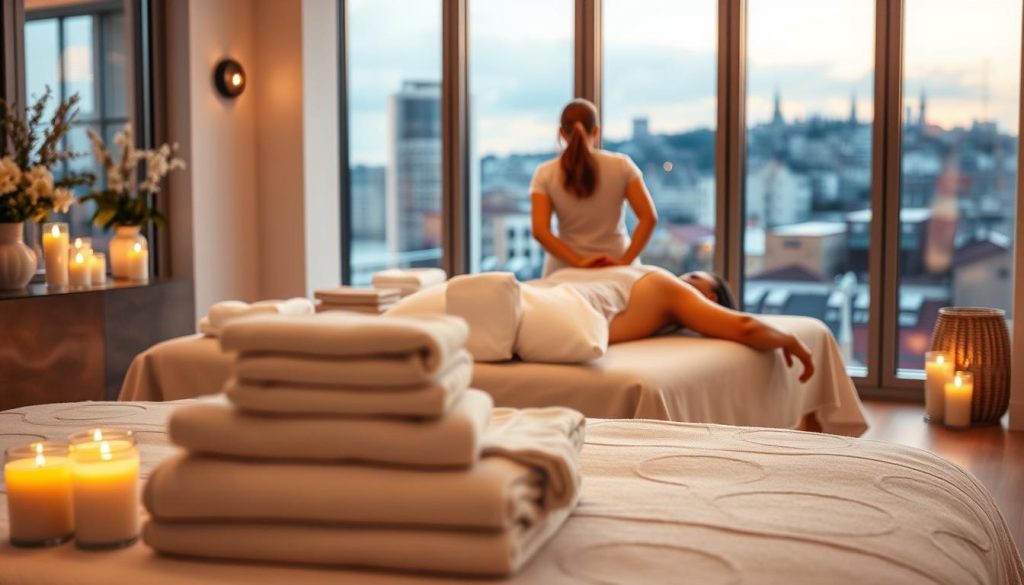A serene massage studio in Istanbul, with soft lighting, soothing colors, and luxurious massage tables. In the foreground, a stack of towels and aromatherapy candles set the calming atmosphere. The middle ground features a massage therapist's hands expertly kneading a client's back, promoting relaxation and rejuvenation. The background showcases the city skyline through large windows, adding to the tranquil ambiance. The composition emphasizes the holistic experience of an Istanbul massage, empowering professionals to recharge and energize their work life.