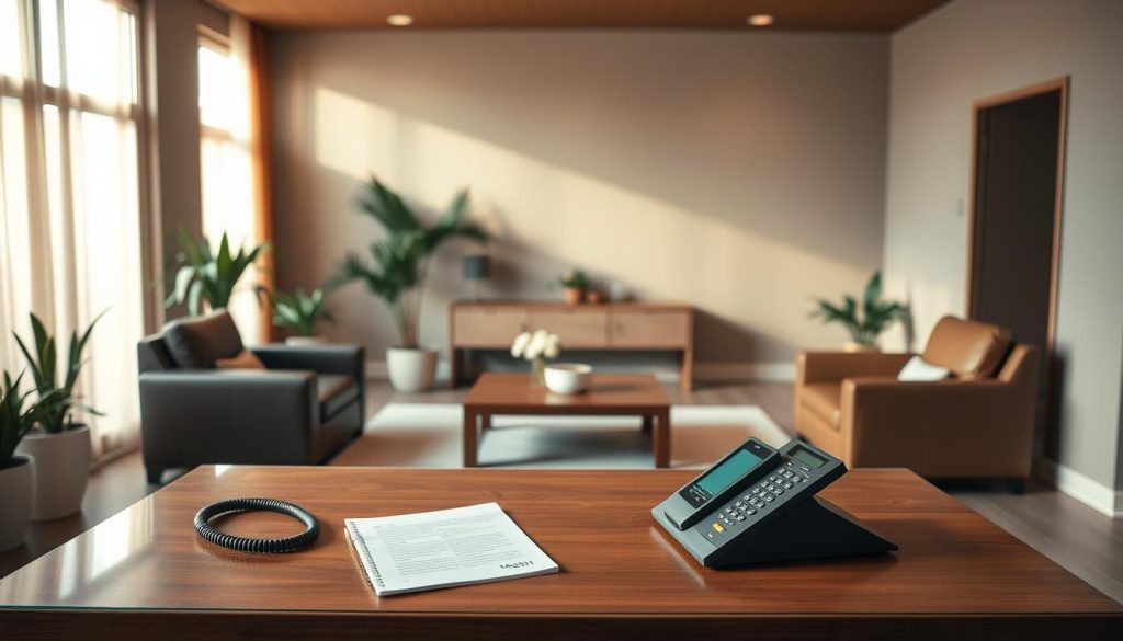 A serene massage studio interior, bathed in warm, diffused lighting. Plush leather armchairs and a low, minimalist wooden coffee table set the tranquil ambiance. Potted plants and soft, earthy tones evoke a sense of natural relaxation. A sleek, frameless desk in the foreground, adorned with a modern telephone and a neatly arranged notepad, invites visitors to inquire about appointments and services. The space exudes an aura of professionalism and quiet comfort, setting the stage for a rejuvenating, personalized massage experience. A serene massage studio interior, bathed in warm, diffused lighting. Plush leather armchairs and a low, minimalist wooden coffee table set the tranquil ambiance. Potted plants and soft, earthy tones evoke a sense of natural relaxation. A sleek, frameless desk in the foreground, adorned with a modern telephone and a neatly arranged notepad, invites visitors to inquire about appointments and services. The space exudes an aura of professionalism and quiet comfort, setting the stage for a rejuvenating, personalized massage experience.