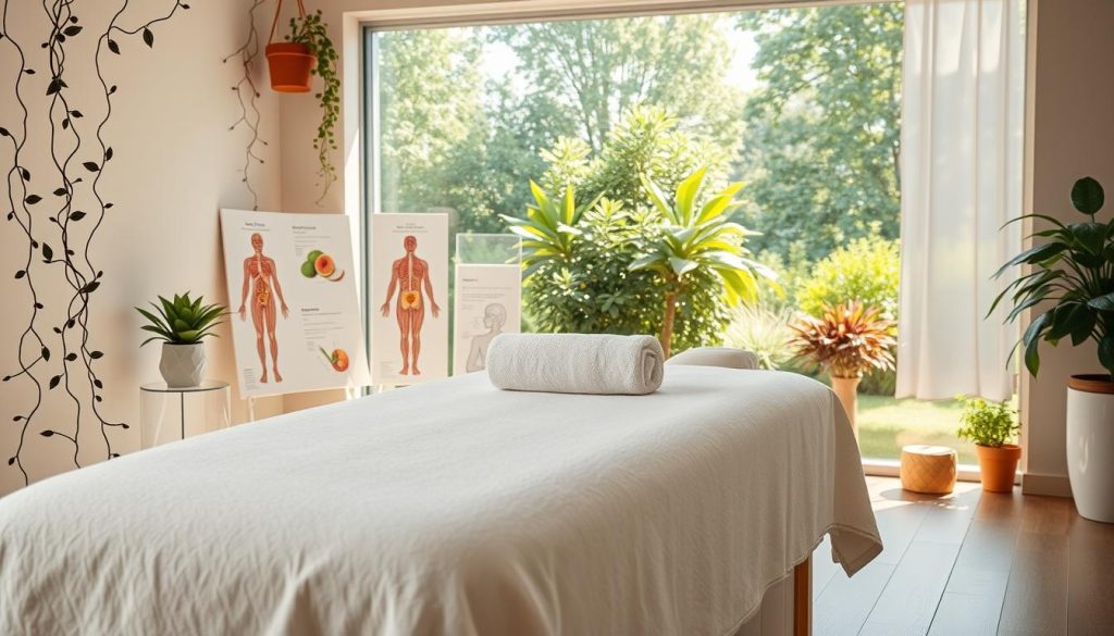 A serene massage studio with soft lighting and a tranquil atmosphere. In the foreground, a massage table draped in a plush, white towel. Delicate vines and potted plants adorn the scene, creating a natural, soothing ambiance. The middle ground features anatomical illustrations and diagrams depicting the physiological effects of massage on the human body, with a focus on the circulatory, nervous, and muscular systems. The background showcases a panoramic view of a lush, outdoor garden, with gentle sunlight filtering through the leaves. The overall composition evokes a sense of harmony, relaxation, and a deeper understanding of the physical and mental benefits of massage. A serene massage studio with soft lighting and a tranquil atmosphere. In the foreground, a massage table draped in a plush, white towel. Delicate vines and potted plants adorn the scene, creating a natural, soothing ambiance. The middle ground features anatomical illustrations and diagrams depicting the physiological effects of massage on the human body, with a focus on the circulatory, nervous, and muscular systems. The background showcases a panoramic view of a lush, outdoor garden, with gentle sunlight filtering through the leaves. The overall composition evokes a sense of harmony, relaxation, and a deeper understanding of the physical and mental benefits of massage.