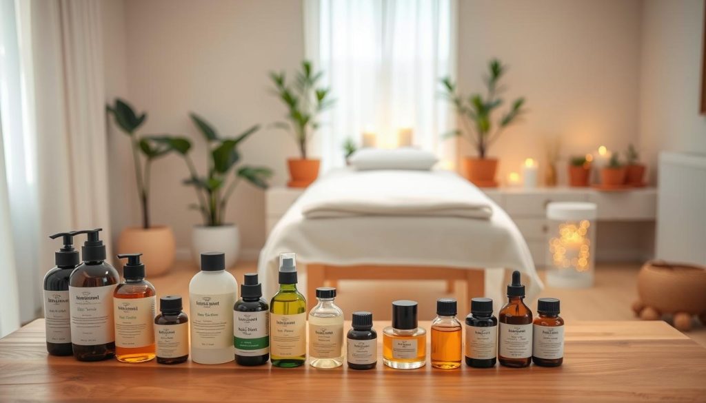 A serene massage studio with soft lighting and soothing, neutral tones. In the foreground, various massage oils, lotions, and essential oils are neatly arranged on a wooden table. The middle ground features a cozy massage table, draped with a plush, white towel. In the background, potted plants and candles create a calming, natural ambiance. The overall atmosphere exudes a sense of tranquility and mindfulness, perfect for a focused and rejuvenating massage experience. A serene massage studio with soft lighting and soothing, neutral tones. In the foreground, various massage oils, lotions, and essential oils are neatly arranged on a wooden table. The middle ground features a cozy massage table, draped with a plush, white towel. In the background, potted plants and candles create a calming, natural ambiance. The overall atmosphere exudes a sense of tranquility and mindfulness, perfect for a focused and rejuvenating massage experience.