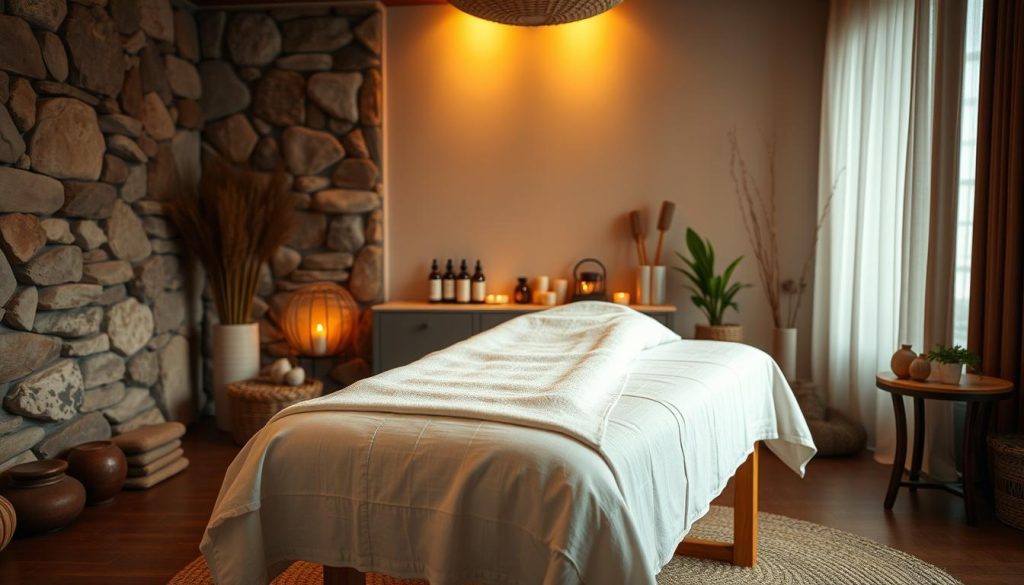 A serene massage studio with warm, diffused lighting and a plush, inviting massage table in the center. Soft, therapeutic music plays in the background, creating a calming ambiance. The table is adorned with clean, crisp linens, and a variety of massage oils and tools are neatly arranged on a side table. The room features earthy, natural tones and textures, such as stone, wood, and plants, exuding a sense of balance and tranquility. The camera angle captures the massage table at a slight angle, emphasizing the skilled, professional techniques of the masseuse as they work to release the tension in the muscles.