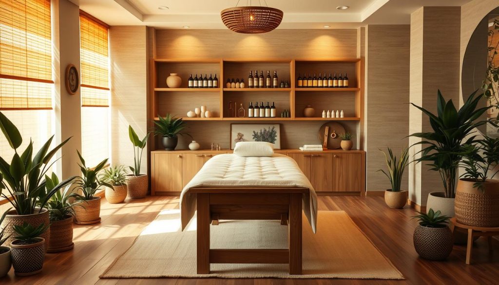 A serene massage studio with warm, diffused lighting and natural textures. A wooden massage table with plush linens takes center stage, surrounded by potted plants and subtle décor. Shelves display an array of massage oils and tools in the background. The overall atmosphere evokes tranquility and relaxation, inviting the viewer to imagine the soothing experience of various massage techniques. A serene massage studio with warm, diffused lighting and natural textures. A wooden massage table with plush linens takes center stage, surrounded by potted plants and subtle décor. Shelves display an array of massage oils and tools in the background. The overall atmosphere evokes tranquility and relaxation, inviting the viewer to imagine the soothing experience of various massage techniques.