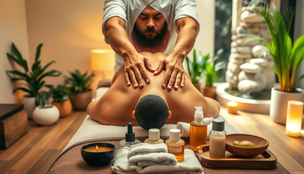 A serene massage studio with warm lighting and calming ambiance. In the foreground, a professional massage therapist's hands expertly manipulate the muscles of a client's back, using a variety of techniques like Swedish, deep tissue, and trigger point therapy. The middle ground showcases various massage tools and oils, neatly arranged on a wooden table. The background features soothing natural elements like potted plants and a tranquil water feature, creating a harmonious and rejuvenating atmosphere. A serene massage studio with warm lighting and calming ambiance. In the foreground, a professional massage therapist's hands expertly manipulate the muscles of a client's back, using a variety of techniques like Swedish, deep tissue, and trigger point therapy. The middle ground showcases various massage tools and oils, neatly arranged on a wooden table. The background features soothing natural elements like potted plants and a tranquil water feature, creating a harmonious and rejuvenating atmosphere.