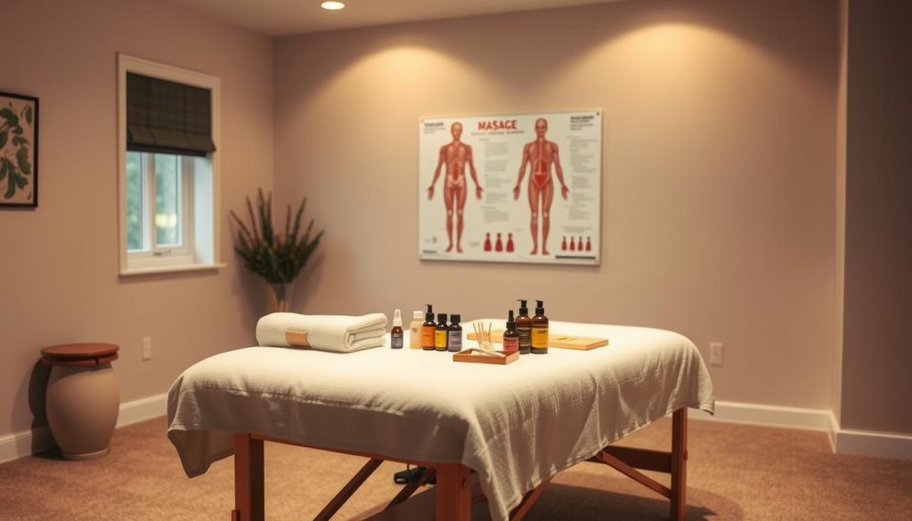 A serene massage therapy classroom, filled with the scent of essential oils. The space is bathed in warm, diffused lighting, creating a tranquil atmosphere. On the table, an array of massage oils, lotions, and tools are neatly arranged. In the background, a wall-mounted chart showcases the human anatomy, guiding students in their studies. The floor is covered in a plush, neutral-toned carpet, and the windows allow in just the right amount of natural light. The overall scene conveys a sense of focus, education, and the pursuit of healing through the art of massage therapy.