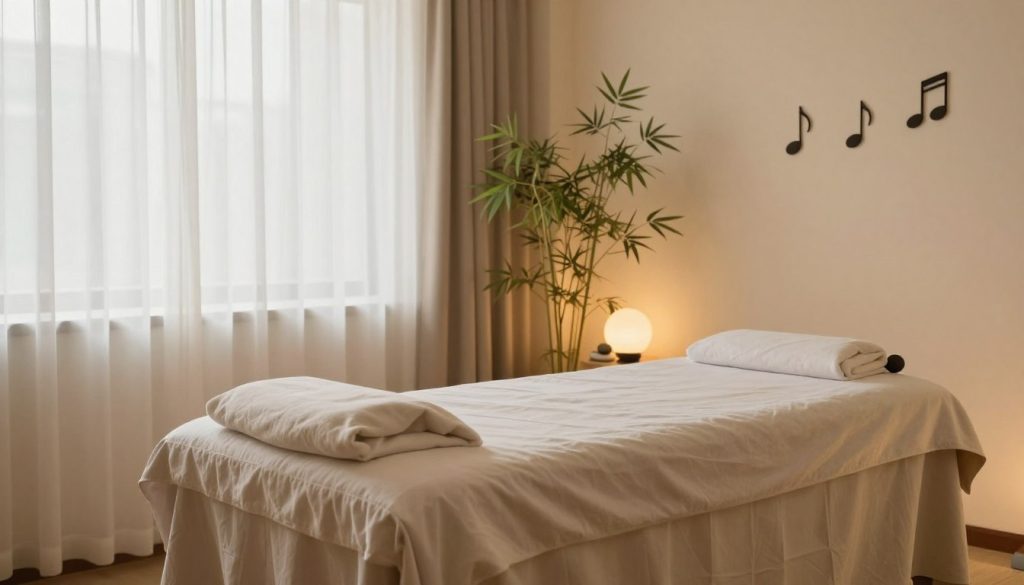 A serene massage therapy room designed for weekly and monthly treatments. In the foreground, an elegant massage table adorned with soft, neutral-colored linens, positioned under gentle, warm lighting. The middle area features a calming decorative element, such as bamboo plants or soothing stones, creating a tranquil ambiance. In the background, soft natural light filters through sheer curtains, illuminating the space with a gentle glow. The room is minimalist yet inviting, with soft music notes depicted visually, establishing a relaxing atmosphere. The entire scene conveys a sense of peace and self-care, emphasizing the importance of regular massage therapy in promoting well-being. A serene massage therapy room designed for weekly and monthly treatments. In the foreground, an elegant massage table adorned with soft, neutral-colored linens, positioned under gentle, warm lighting. The middle area features a calming decorative element, such as bamboo plants or soothing stones, creating a tranquil ambiance. In the background, soft natural light filters through sheer curtains, illuminating the space with a gentle glow. The room is minimalist yet inviting, with soft music notes depicted visually, establishing a relaxing atmosphere. The entire scene conveys a sense of peace and self-care, emphasizing the importance of regular massage therapy in promoting well-being.