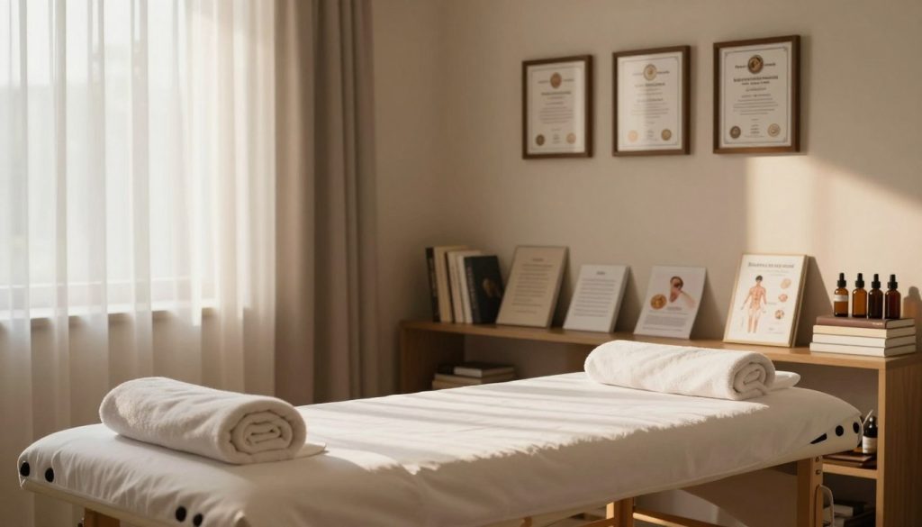 A serene massage therapy room filled with natural light. In the foreground, a massage table is neatly arranged with professional towels and essential oils, signaling readiness. In the middle, a set of framed certificates hangs on the wall, highlighting the importance of education and certification for massage therapists. Around the room, books and materials about various massage techniques and anatomy are placed on a shelf. The background features a window with soft, flowing curtains, casting gentle shadows, creating a calm and inviting atmosphere. The overall mood is tranquil and professional, suggesting a high standard of care and expertise in the field of massage therapy. The lighting is warm and inviting, enhancing the sense of relaxation.