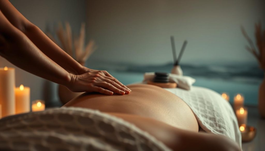 A serene massage therapy scene, capturing the essence of chronic pain relief. A calming, dimly lit room with soothing, warm lighting casts a gentle glow. In the foreground, skilled hands delicately knead and soothe tense, aching muscles, providing a therapeutic touch. Soft, plush fabrics and natural elements, such as river stones or essential oils, create a tranquil, spa-like ambiance. The middle ground features a massage table draped in luxurious linens, inviting the viewer to imagine the restorative experience. In the background, a serene landscape or minimalist decor evokes a sense of peace and relaxation, complementing the holistic, alternative approach to chronic pain management. A serene massage therapy scene, capturing the essence of chronic pain relief. A calming, dimly lit room with soothing, warm lighting casts a gentle glow. In the foreground, skilled hands delicately knead and soothe tense, aching muscles, providing a therapeutic touch. Soft, plush fabrics and natural elements, such as river stones or essential oils, create a tranquil, spa-like ambiance. The middle ground features a massage table draped in luxurious linens, inviting the viewer to imagine the restorative experience. In the background, a serene landscape or minimalist decor evokes a sense of peace and relaxation, complementing the holistic, alternative approach to chronic pain management.