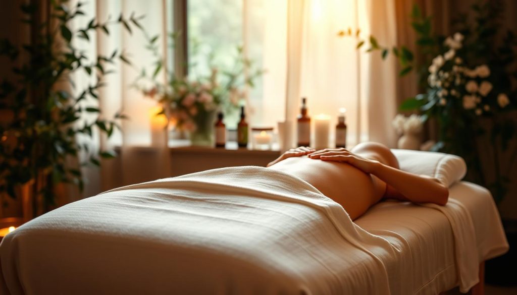 A serene massage therapy session in a cozy, dimly lit wellness studio. Soft, diffused lighting casts a warm, soothing glow over a massage table draped in crisp, white linens. Lush, verdant foliage and delicate flowers adorn the background, creating a tranquil, nature-inspired ambiance. Calming essential oils diffuse through the air, complementing the gentle, rhythmic kneading of skilled hands. The overall scene evokes a sense of deep relaxation, rejuvenation, and the profound health benefits of therapeutic massage.