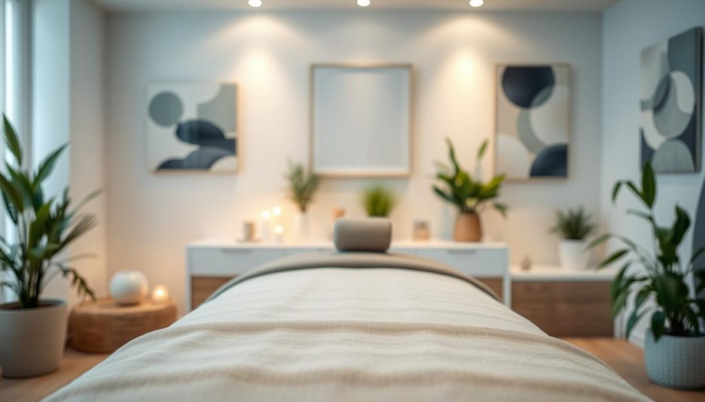 A serene massage therapy setting in a modern ABS Fizyoterapi clinic. Soft lighting illuminates a padded massage table, surrounded by soothing decor elements like potted plants and calming abstract artwork. The scene evokes a tranquil, rejuvenating atmosphere, perfect for a restorative massage experience. The camera angle is slightly elevated, capturing the inviting space from an angle that suggests the viewer is about to embark on a relaxing journey. The focus is on the massage table, with the background softly blurred to direct attention to the central massage experience.