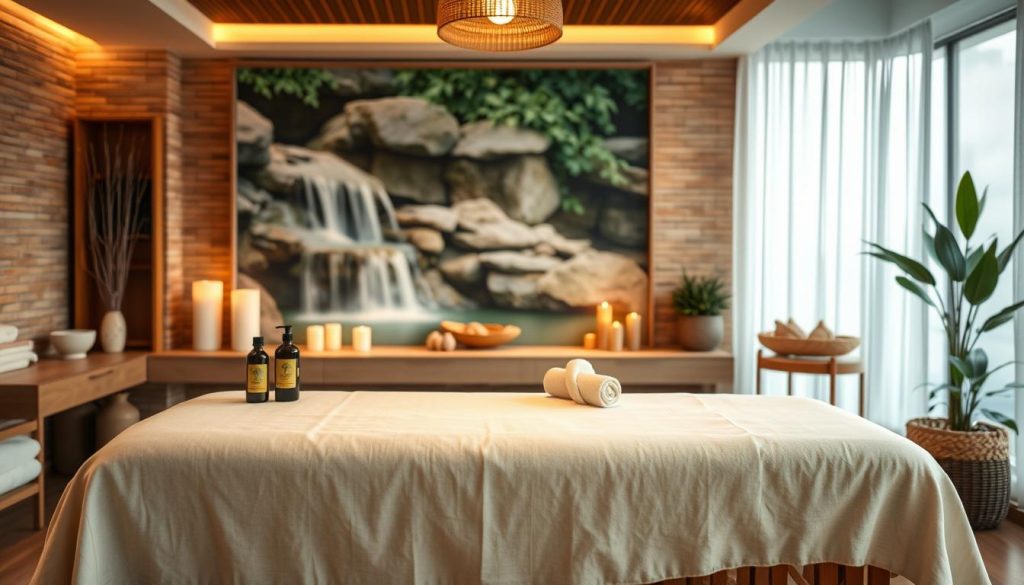 A serene massage therapy studio with soft lighting, ambient music, and natural elements. The foreground features a massage table draped in luxurious linens, with various massage oils and tools neatly arranged. The middle ground showcases a tranquil scene of a soothing waterfall or calming water feature, creating a sense of relaxation. The background depicts a warm, earthy color palette with subtle textures, such as exposed brick or natural wood paneling, enhancing the cozy and rejuvenating atmosphere. The overall composition evokes a harmonious balance between the physical and mental well-being, reflecting the essence of the "Masaj Terapisi" experience. A serene massage therapy studio with soft lighting, ambient music, and natural elements. The foreground features a massage table draped in luxurious linens, with various massage oils and tools neatly arranged. The middle ground showcases a tranquil scene of a soothing waterfall or calming water feature, creating a sense of relaxation. The background depicts a warm, earthy color palette with subtle textures, such as exposed brick or natural wood paneling, enhancing the cozy and rejuvenating atmosphere. The overall composition evokes a harmonious balance between the physical and mental well-being, reflecting the essence of the "Masaj Terapisi" experience.