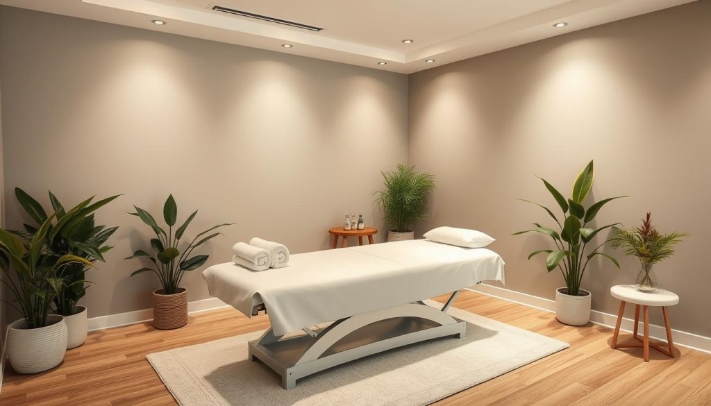A serene medical massage therapy room with soft, diffused lighting and a calming atmosphere. The room features a modern, ergonomic massage table with pristine white linens, surrounded by soothing plants and natural elements. The walls are painted in a tranquil, muted color palette, creating a sense of relaxation and safety. The scene conveys professionalism, cleanliness, and attention to detail, reflecting the high standards of medical massage services. The composition emphasizes the overall safety and security of the environment, with no distracting elements or potential hazards visible.