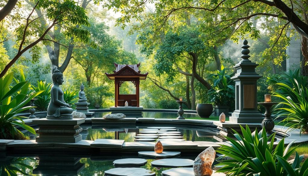 A serene meditation sanctuary, bathed in soft natural light filtering through lush greenery. Elegant stone sculptures and carved wooden altars sit amidst a tranquil pond, its surface reflecting the peaceful surroundings. Incense smoke drifts lazily, infusing the air with the calming scent of sage and sandalwood. Crystals and gemstones line the pathway, their facets glistening as if charged with mystical energy. A sense of balance and harmony permeates the scene, inviting the viewer to find their own inner equilibrium.