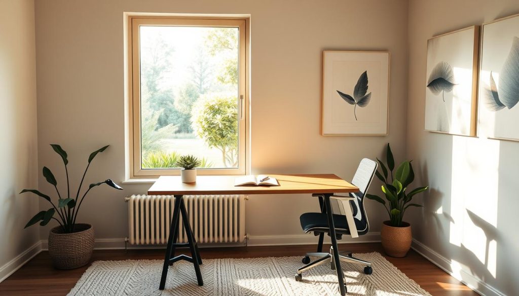 A serene, minimalist home office with a large window overlooking a tranquil garden. Sunlight filters in, casting a warm glow on a simple wooden desk and ergonomic chair. On the desk, a notebook, a pen, and a succulent plant sit neatly arranged, symbolizing the organization and focus needed for a daily routine. The walls are adorned with soothing, abstract art pieces, creating a calming atmosphere. The floor is covered in a plush, neutral-toned rug, inviting relaxation. The overall scene conveys a sense of clarity, mindfulness, and the discipline required to establish a fulfilling daily routine.