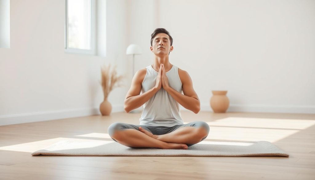 A serene, minimalist indoor studio setting with natural lighting, featuring a person sitting cross-legged on a plush, neutral-toned yoga mat, performing a breathing exercise. The background is a clean, airy space with simple, uncluttered decor, possibly with a large window or some plants to create a calming, meditative atmosphere. The figure is shown from a slightly elevated angle, with a tranquil, focused expression, demonstrating the "nefes egzersizleri" or breathing exercises that can help alleviate stress in an urban environment like Istanbul. A serene, minimalist indoor studio setting with natural lighting, featuring a person sitting cross-legged on a plush, neutral-toned yoga mat, performing a breathing exercise. The background is a clean, airy space with simple, uncluttered decor, possibly with a large window or some plants to create a calming, meditative atmosphere. The figure is shown from a slightly elevated angle, with a tranquil, focused expression, demonstrating the "nefes egzersizleri" or breathing exercises that can help alleviate stress in an urban environment like Istanbul.