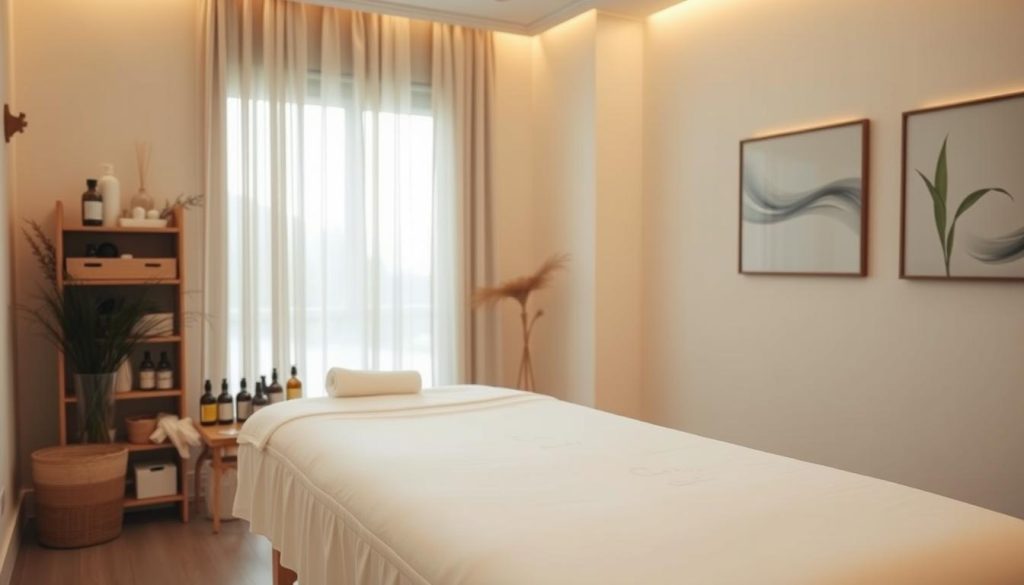 A serene, minimalist medical massage room with soft, warm lighting. In the foreground, a professional massage table with crisp, white linens. Beside it, an array of essential oils, lotions, and massage tools neatly arranged. The middle ground features a large window, letting in natural light that filters through sheer curtains, creating a calming ambiance. In the background, simple, neutral-toned decor and soothing artwork on the walls, conveying a sense of tranquility and therapeutic atmosphere. The overall scene evokes a sense of relaxation, rejuvenation, and the potential health benefits of medical massage. A serene, minimalist medical massage room with soft, warm lighting. In the foreground, a professional massage table with crisp, white linens. Beside it, an array of essential oils, lotions, and massage tools neatly arranged. The middle ground features a large window, letting in natural light that filters through sheer curtains, creating a calming ambiance. In the background, simple, neutral-toned decor and soothing artwork on the walls, conveying a sense of tranquility and therapeutic atmosphere. The overall scene evokes a sense of relaxation, rejuvenation, and the potential health benefits of medical massage.