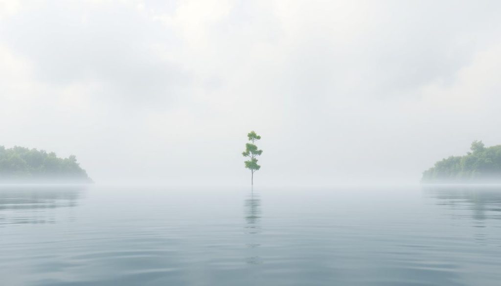 A serene, minimalist scene depicting the concept of mental health. In the foreground, a tranquil body of water reflects the soft, diffused light filtering through clouds. Surrounding the water, lush, verdant foliage creates a soothing, natural atmosphere. In the middle ground, a single, graceful tree stands tall, its branches reaching towards the sky, symbolizing the human mind's journey towards wellness and balance. The overall mood is one of calm, contemplation, and a sense of inner peace. The lighting is soft and natural, creating a dreamlike, therapeutic ambiance. This image aims to visually represent the restorative power of practices like massage in supporting mental and emotional well-being.