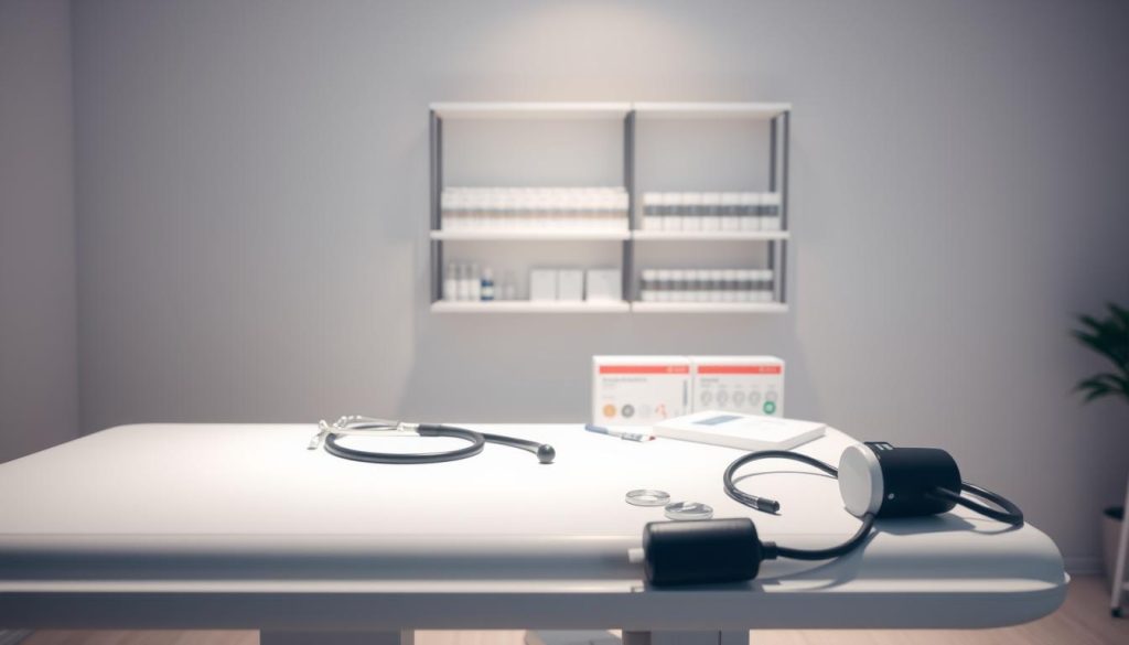 A serene, minimalist scene depicting various health and wellness tests. A clean, well-lit examination table in the foreground, adorned with a selection of medical equipment - a stethoscope, blood pressure cuff, and diagnostic tools. In the middle ground, shelves displaying test kits and sample vials, hinting at the array of health assessments available. The background features a calming, neutral-toned wall, creating a sense of clinical professionalism and tranquility. The lighting is soft and diffused, lending an air of authority and trustworthiness to the scene. The overall composition conveys a message of proactive, comprehensive health management through thorough testing and early intervention. A serene, minimalist scene depicting various health and wellness tests. A clean, well-lit examination table in the foreground, adorned with a selection of medical equipment - a stethoscope, blood pressure cuff, and diagnostic tools. In the middle ground, shelves displaying test kits and sample vials, hinting at the array of health assessments available. The background features a calming, neutral-toned wall, creating a sense of clinical professionalism and tranquility. The lighting is soft and diffused, lending an air of authority and trustworthiness to the scene. The overall composition conveys a message of proactive, comprehensive health management through thorough testing and early intervention.