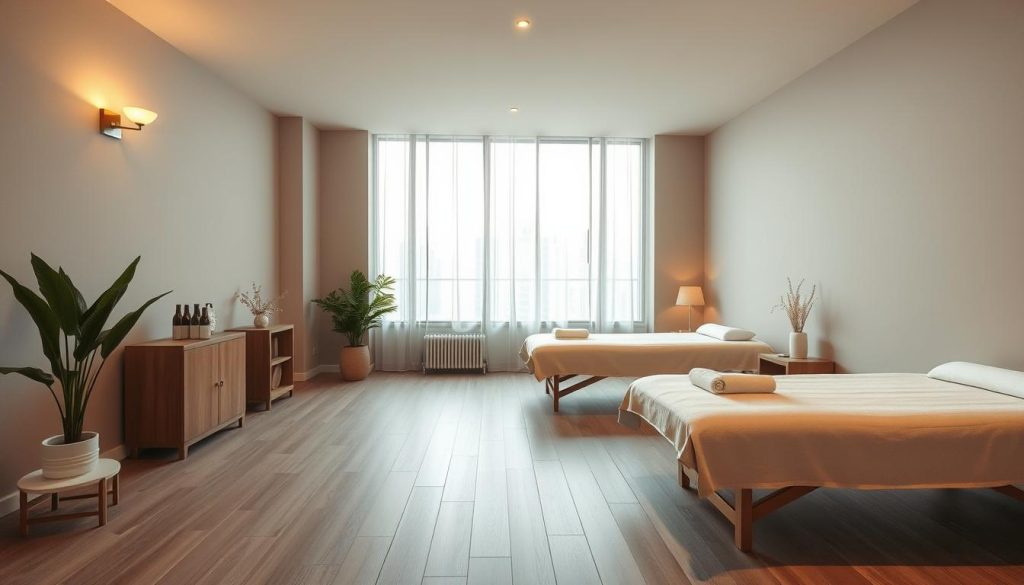 A serene, minimalist scene showcasing the tranquil ambiance of a Bakırköy massage parlor. The interior features soft, muted tones, with natural light filtering through large windows, casting a warm glow on the polished hardwood floors and plush, inviting massage tables. Discreet lighting fixtures create a soothing, relaxing atmosphere, while carefully placed plants and decorative elements add touches of elegance. The scene evokes a sense of escape, inviting the viewer to imagine the restorative experience of a massage in this calming, well-appointed setting.