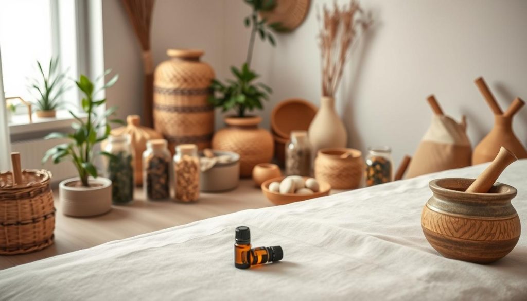 A serene, minimalist scene showcasing various complementary and alternative therapies. In the foreground, a tranquil massage table with natural linen sheets and a few essential oils. In the middle ground, delicate glass jars filled with dried herbs and spices, a small bowl of river stones, and a wooden mortar and pestle. The background features a softly lit, calming environment with neutral tones and natural textures, such as woven baskets, bamboo accents, and a few houseplants. The overall atmosphere conveys a sense of balance, wellness, and holistic healing. Soft, warm lighting creates a soothing, spa-like ambiance.