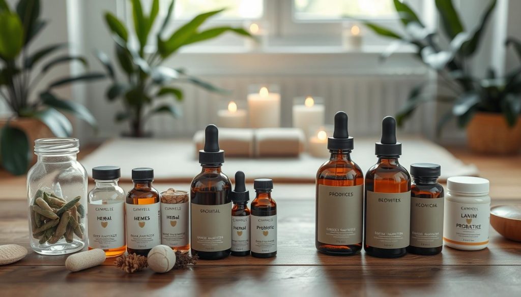 A serene, minimalist scene showcasing various wellness applications. In the foreground, an array of natural supplements, herbal tinctures, and probiotics in elegant glass bottles are neatly arranged on a wooden table. The middle ground features a plush, neutral-toned yoga mat and a few calming candles, creating a tranquil atmosphere. In the background, lush greenery and soft natural lighting evoke a sense of harmony and rejuvenation. The overall composition emphasizes balance, simplicity, and the holistic approach to gut health and immunity. The image is captured with a shallow depth of field, placing the focus on the wellness applications. A serene, minimalist scene showcasing various wellness applications. In the foreground, an array of natural supplements, herbal tinctures, and probiotics in elegant glass bottles are neatly arranged on a wooden table. The middle ground features a plush, neutral-toned yoga mat and a few calming candles, creating a tranquil atmosphere. In the background, lush greenery and soft natural lighting evoke a sense of harmony and rejuvenation. The overall composition emphasizes balance, simplicity, and the holistic approach to gut health and immunity. The image is captured with a shallow depth of field, placing the focus on the wellness applications.