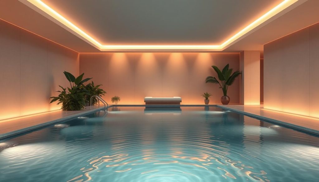 A serene, minimalist spa scene featuring a tranquil indoor swimming pool surrounded by sleek, modern architecture bathed in warm, diffused lighting. The pool water gently ripples, reflecting the soothing ambiance. Lush, verdant plants adorn the perimeter, adding a touch of natural harmony. The overall atmosphere evokes a sense of rejuvenation and well-being, capturing the health benefits of the massage pool experience. A serene, minimalist spa scene featuring a tranquil indoor swimming pool surrounded by sleek, modern architecture bathed in warm, diffused lighting. The pool water gently ripples, reflecting the soothing ambiance. Lush, verdant plants adorn the perimeter, adding a touch of natural harmony. The overall atmosphere evokes a sense of rejuvenation and well-being, capturing the health benefits of the massage pool experience.