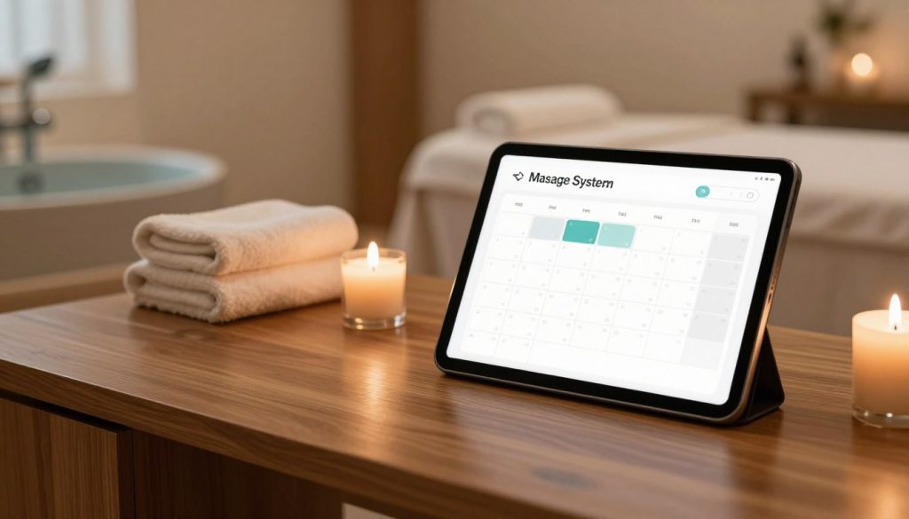 A serene, modern massage appointment system interface, displayed on a sleek tablet atop a polished wooden desk in a calming spa environment. In the foreground, a tablet showing a well-organized calendar with appointment slots highlighted, alongside aromatherapy candles flickering softly. The middle ground features a minimalist setup, including plush towels neatly arranged and a tranquil water feature, creating a sense of relaxation. The background reveals a softly lit treatment room with warm tones, accentuating a tranquil atmosphere. Soft, natural lighting illuminates the scene, creating a peaceful ambiance. Capture an inviting, professional environment that promotes relaxation while subtly emphasizing the importance of time management in a massage therapy setting.