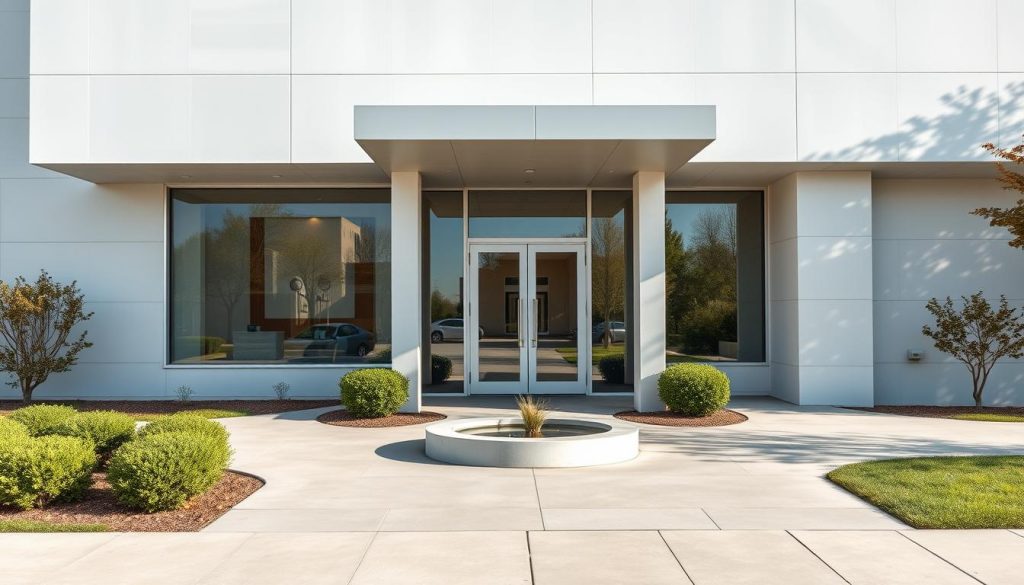 A serene, modern medical clinic with a sleek, minimalist exterior. The façade is made of smooth, polished white stone, accented by large windows that allow natural light to flood the interior. The entrance is framed by a simple, elegant canopy, casting soft shadows on the ground. The landscaping is meticulously maintained, with neatly trimmed shrubs and a small, calming water feature near the entrance. The overall atmosphere conveys a sense of professionalism, cleanliness, and a welcoming, therapeutic environment.