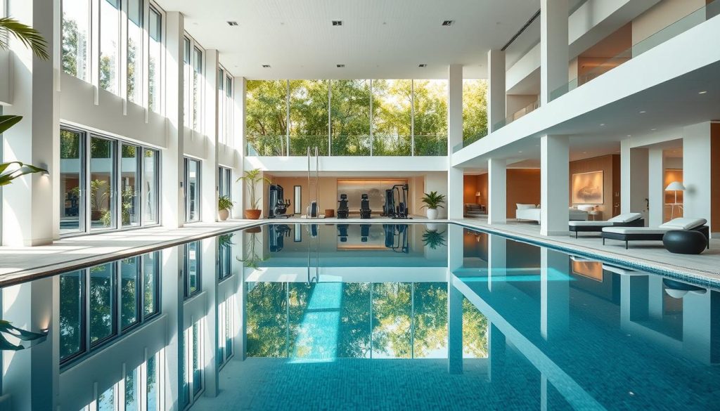 A serene, modern spa and fitness complex nestled amidst lush greenery, with a sleek, contemporary design featuring abundant natural light and clean lines. In the foreground, a tranquil indoor pool reflects the high ceilings and large windows, creating a sense of openness and relaxation. Beyond, a well-equipped gym with state-of-the-art equipment is visible, while in the background, luxurious treatment rooms offer a range of soothing spa services. The overall atmosphere evokes a harmonious blend of physical wellness and restorative indulgence. A serene, modern spa and fitness complex nestled amidst lush greenery, with a sleek, contemporary design featuring abundant natural light and clean lines. In the foreground, a tranquil indoor pool reflects the high ceilings and large windows, creating a sense of openness and relaxation. Beyond, a well-equipped gym with state-of-the-art equipment is visible, while in the background, luxurious treatment rooms offer a range of soothing spa services. The overall atmosphere evokes a harmonious blend of physical wellness and restorative indulgence.