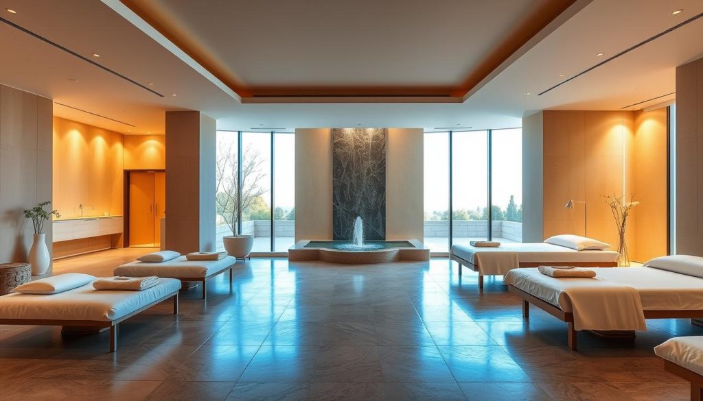 A serene oasis nestled in the heart of Etiler, Sanda Spa beckons with its elegant architecture and tranquil ambiance. A vast, softly-lit lobby leads to private treatment rooms where warm, natural hues and organic textures create a cocoon of relaxation. Sunlight filters through large windows, casting a gentle glow on the sleek minimalist furnishings. A soothing water feature murmurs in the background, while the scent of essential oils permeates the air. Plush cushions invite visitors to unwind on the relaxation lounges, while state-of-the-art massage tables promise blissful pampering. This urban retreat offers a sanctuary of wellness, where the stresses of city life melt away.