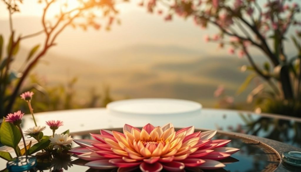 A serene oasis of mental wellbeing, where a vibrant mandala of colors and textures evokes a sense of inner harmony. The foreground features a delicate floral arrangement, its petals unfolding in a calming dance of hues. In the middle ground, a tranquil pool reflects the soothing patterns, inviting a moment of contemplation. The background is a soft, diffused landscape, bathed in warm, natural lighting that casts a therapeutic glow. The overall atmosphere is one of balance, rejuvenation, and a profound connection between the physical and the mental realms.