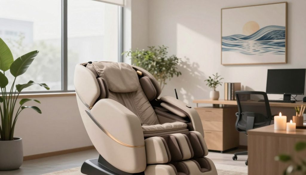 A serene office environment designed for relaxation and mental clarity. In the foreground, a plush massage chair surrounded by soft, calming decor featuring neutral colors. Subtle elements like aromatic candles and soothing plants enhance the tranquil atmosphere. The middle ground shows a soft, diffused natural light filtering through large windows, casting gentle shadows. In the background, a motivational yet calming art piece hangs on the wall, depicting abstract waves of tranquility. The overall mood is peaceful and inviting, fostering a sense of well-being and mental serenity. The composition should emphasize comfort and relaxation, ideal for promoting employee health and productivity in a corporate setting. The scene is devoid of any human presence or text, ensuring focus on the environment.