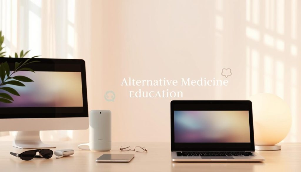 A serene online learning environment with modern devices and digital accessories floating amidst a soft, pastel-hued backdrop. Diffused natural lighting casts a warm, inviting glow, creating a sense of tranquility and focus. Elegant typography and minimalist icons subtly suggest the "alternative medicine education" theme, while clean, uncluttered compositions emphasize the convenience and accessibility of these e-learning options. An overall aesthetic that conveys professionalism, trustworthiness, and the nurturing, wellness-oriented nature of the subject matter.