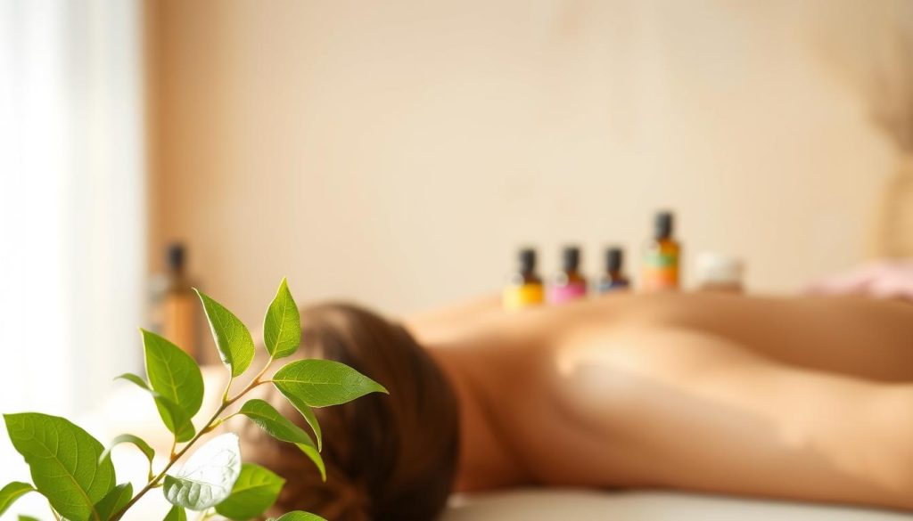 A serene scene depicting a relaxing massage treatment with essential oils. The foreground features a lush, green plant with delicate leaves, reflecting the natural, botanical nature of the therapy. In the middle ground, a soothing array of essential oil bottles, their vibrant colors and labels visible, suggesting the variety of therapeutic oils used. The background is a soft, neutral palette, creating a calming, spa-like atmosphere. Warm, diffused lighting casts a gentle glow, enhancing the tranquil mood. The overall composition evokes a sense of relaxation and well-being, capturing the essence of the "Uçucu Yağlar ve Topikal Tedaviler" section.