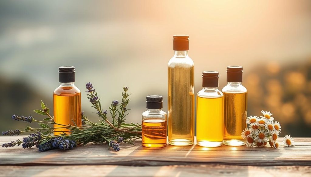 A serene, softly lit scene of various organic oils and botanicals, including lavender, rosemary, and chamomile, arranged artfully on a natural, wooden surface. The oils are presented in clear glass bottles, casting a warm, golden glow. The background is a tranquil, blurred landscape, evoking a sense of wellness and relaxation. The overall composition conveys the soothing, therapeutic effects of these plant-based oils on human health and well-being. A serene, softly lit scene of various organic oils and botanicals, including lavender, rosemary, and chamomile, arranged artfully on a natural, wooden surface. The oils are presented in clear glass bottles, casting a warm, golden glow. The background is a tranquil, blurred landscape, evoking a sense of wellness and relaxation. The overall composition conveys the soothing, therapeutic effects of these plant-based oils on human health and well-being.