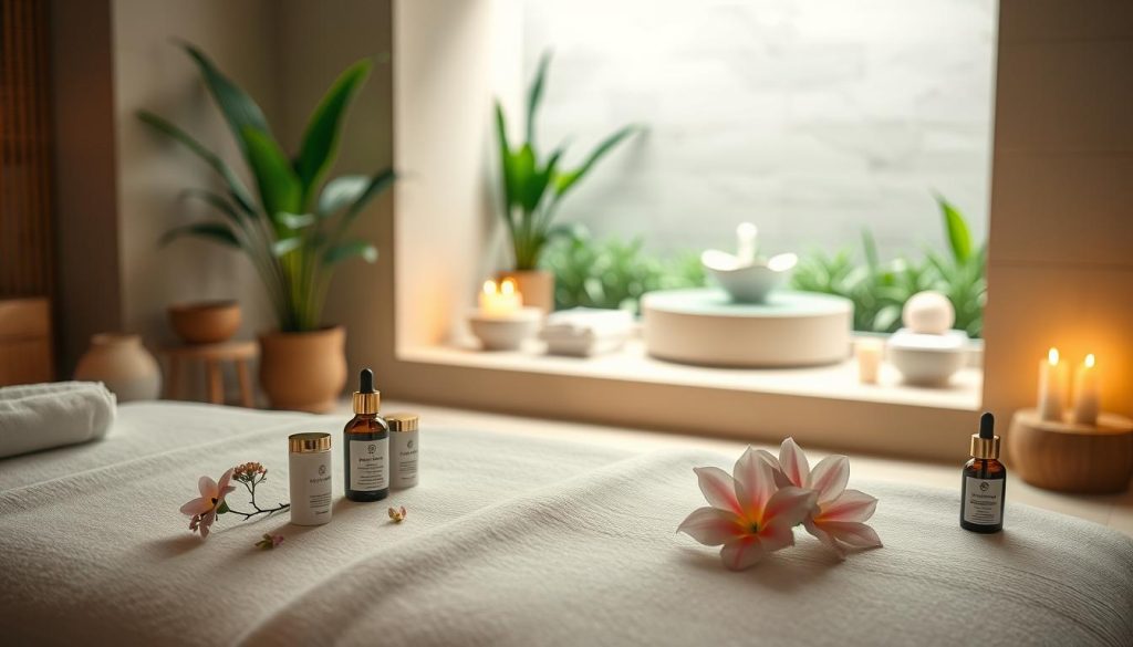 A serene, softly lit spa setting featuring an array of beauty and wellness treatments. In the foreground, a luxurious massage table with plush linens and delicate floral accents. Beside it, a selection of premium skincare products and essential oils, their packaging reflecting an elegant, minimalist aesthetic. The middle ground showcases a cozy, inviting treatment area, with subdued lighting casting a warm, calming glow. In the background, a soothing water feature and verdant, lush greenery evoke a sense of tranquility. The entire scene conveys a serene, rejuvenating atmosphere, perfect for indulging in a range of self-care services, from soothing massages to nourishing facials and indulgent body treatments. A serene, softly lit spa setting featuring an array of beauty and wellness treatments. In the foreground, a luxurious massage table with plush linens and delicate floral accents. Beside it, a selection of premium skincare products and essential oils, their packaging reflecting an elegant, minimalist aesthetic. The middle ground showcases a cozy, inviting treatment area, with subdued lighting casting a warm, calming glow. In the background, a soothing water feature and verdant, lush greenery evoke a sense of tranquility. The entire scene conveys a serene, rejuvenating atmosphere, perfect for indulging in a range of self-care services, from soothing massages to nourishing facials and indulgent body treatments.