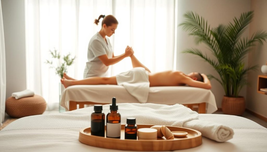 A serene, soothing scene depicting the harmonious combination of physiotherapy and massage therapy. In the foreground, a massage table with plush linens and an array of essential oils and massage tools. In the middle ground, a physiotherapist gently adjusting the limb of a patient, while a massage therapist works on the patient's back using flowing, therapeutic strokes. The background features a calming, spa-like atmosphere with soft lighting, natural textures, and soothing colors. The overall mood is one of relaxation, wellness, and the holistic integration of these complementary healing modalities.