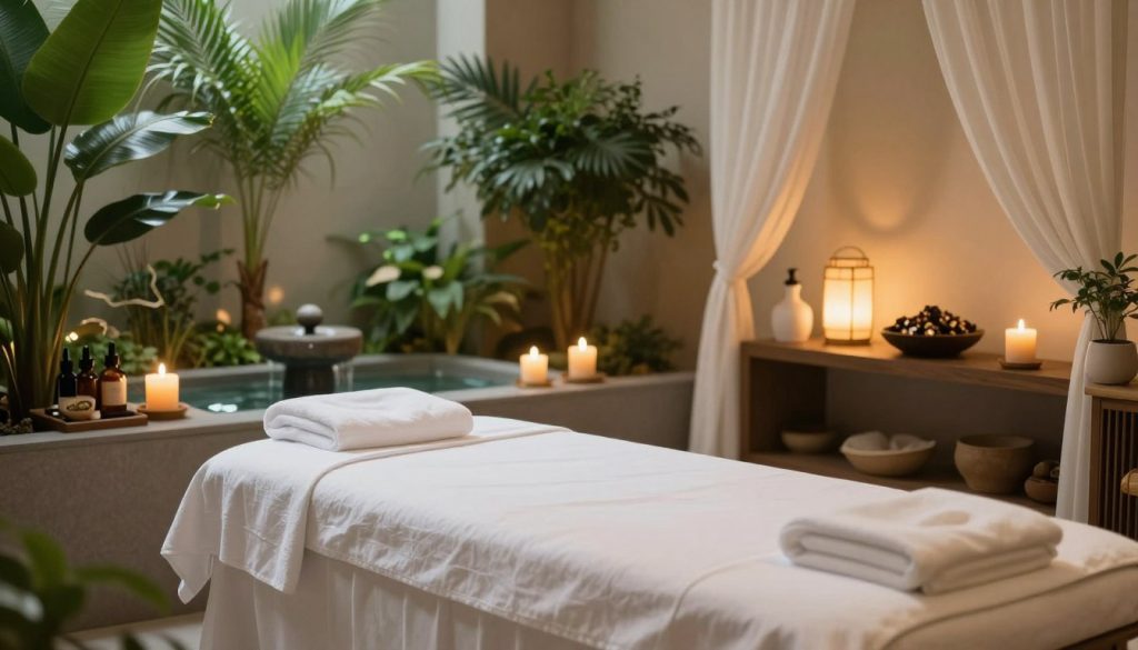 A serene spa and massage salon interior designed for relaxation, featuring lush green plants and soft ambient lighting. In the foreground, a tranquil massage table adorned with crisp white linens and delicate scented candles. In the middle ground, calming water features and artfully arranged spa products, including essential oils and herbal teas. The background showcases softly glowing lanterns and gentle drapery that enhances the soothing atmosphere. The lighting is warm and inviting, creating a sense of peace and well-being. The angle is a wide shot that encapsulates the overall harmony of the space, emphasizing the criteria for choosing the perfect spa and massage salon.