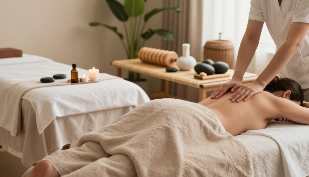 A serene spa environment featuring a variety of massage types represented visually. In the foreground, elegant massage tables with soft linen draped over them, adorned with aromatic candles and essential oil bottles. The middle ground showcases a tranquil setting with various tools like hot stones, a wooden massage roller, and a bamboo mat. In the background, lush green plants and diffused soft lighting create a calming atmosphere. The color palette includes soothing earth tones and gentle pastels. The image captures a sense of relaxation and self-care, illustrating a personalized approach to different massage types tailored for individual needs. The overall mood should evoke calmness, peace, and wellness without human figures.